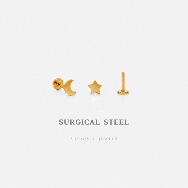 Tiny Star and Moon Threadless Flat Back Earrings, Nose Stud, 20,18,16ga, 5-10mm, Surgical Steel, SHEMISLI SS567, SS568