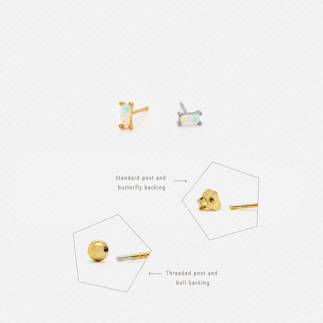 Tiny Opal Baguette Stud Earrings, SHEMISLI SS008 Butterfly End, SS459 Screw Ball End (Type A)