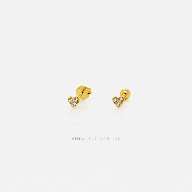 Super Tiny Paved Stone Heart Stud, Gold Silver SHEMISLI SS435 Butterfly End, SS436 Screw Ball End (Type A)