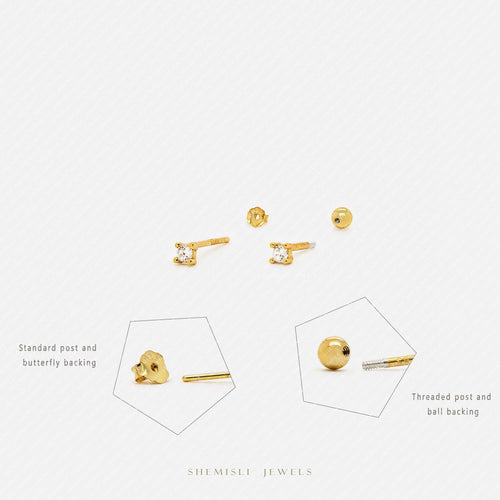 White CZ Studs, 1.5, 2, 2.5, 3mm, Gold, Silver SS221, SS072, SS158, SS073 Butterfly End, SS463, SS464, SS465, SS466 Screw Ball End (Type A)