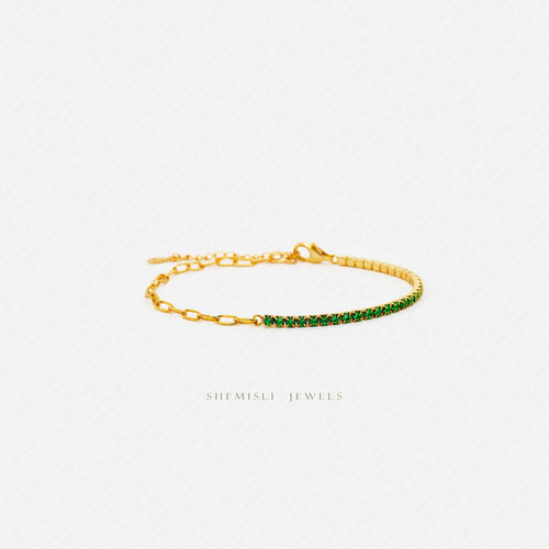 Tiny Paper Clip Chain and Emerald Gem Links Bracelet, Silver or Gold Plated (6.25" + 1.25") SHEMISLI - SB006