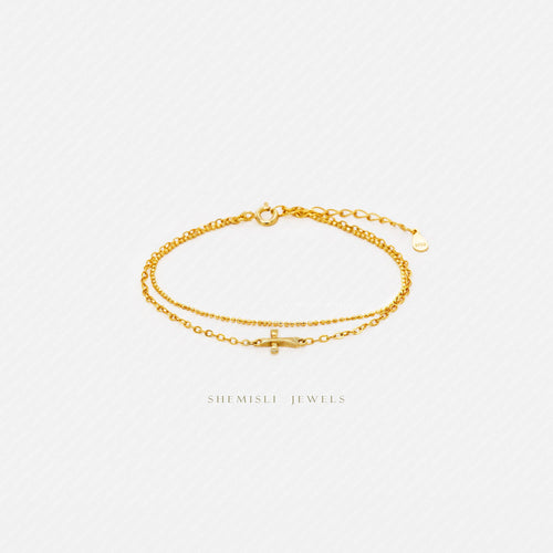 Double Strand Tiny Cross Bracelet, Silver or Gold Plated (5.75“ + 1.25”) SHEMISLI - SB013