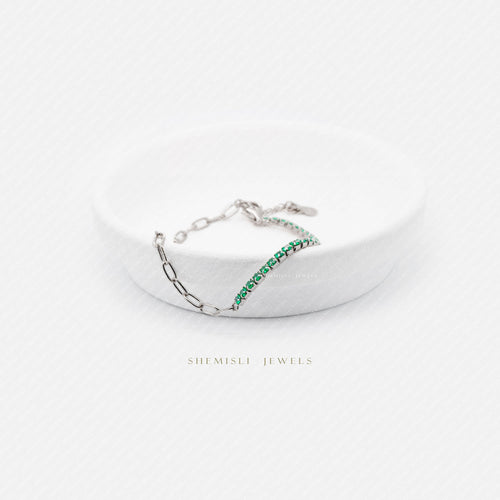 Tiny Paper Clip Chain and Emerald Gem Links Bracelet, Silver or Gold Plated (6.25" + 1.25") SHEMISLI - SB006