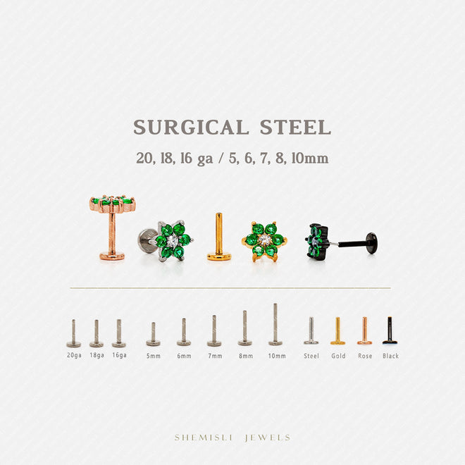 Tiny 6 Petal Emerald Stone Threadless Flat Back Earrings, Nose Stud, 20,18,16ga, 5-10mm, Surgical Steel, SHEMISLI SS558