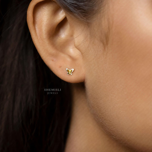 Tiny 2-tone Butterfly Studs Earrings, Silver - SS447