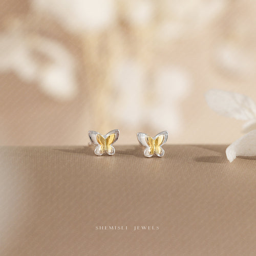 Tiny 2-tone Butterfly Studs Earrings, Silver - SS447