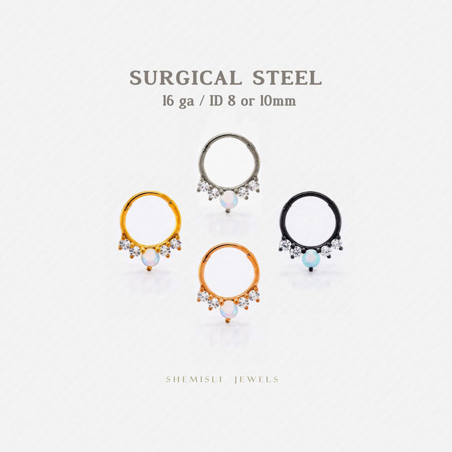 Opal White Stone Septum Ring, Nose Ring, Daith Ring, Hinged Clicker Hoop, 16ga 8mm or 10mm, Surgical Steel, SHEMISLI SH630, SH631