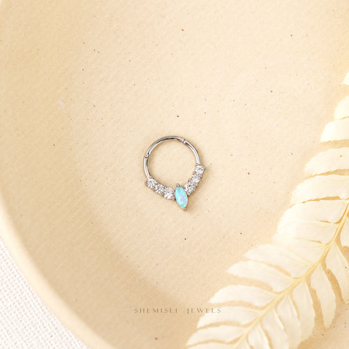Marquise Opal White Stone Septum Ring, Nose Ring, Daith Ring, Hinged Clicker Hoop, 16ga 8mm or 10mm, Surgical Steel, SHEMISLI SH634, SH635