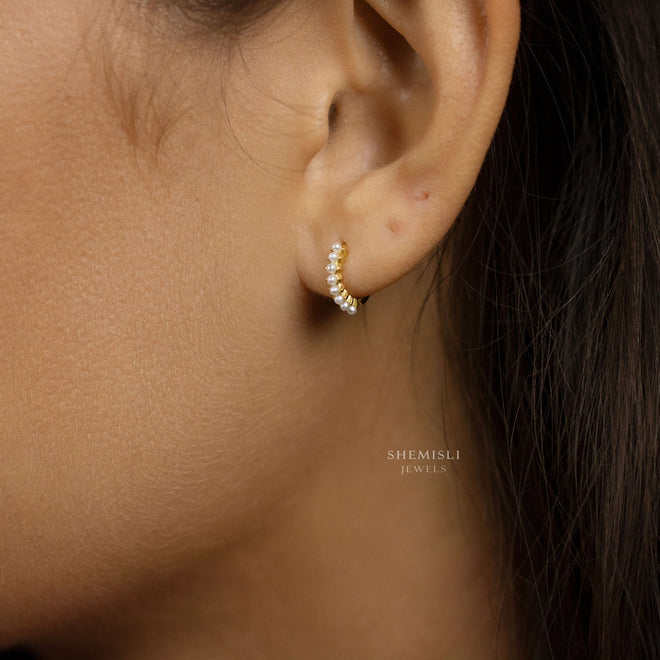 Tiny Pearls Hoop Earrings, Huggies, Gold, Silver SHEMISLI - SH266
