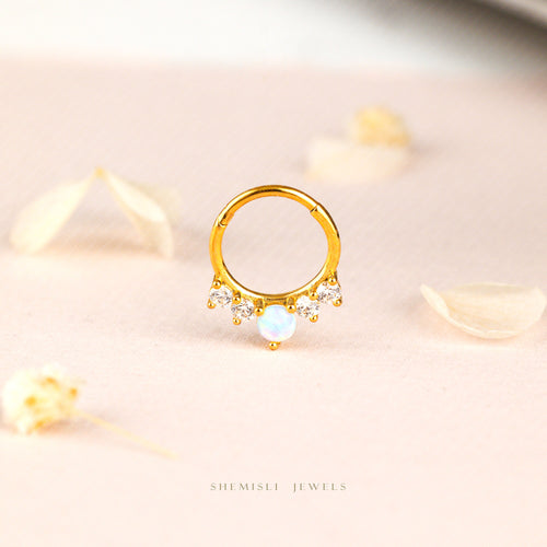 Opal White Stone Septum Ring, Nose Ring, Daith Ring, Hinged Clicker Hoop, 16ga 8mm or 10mm, Surgical Steel, SHEMISLI SH630, SH631