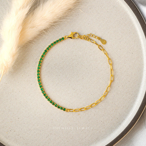 Tiny Paper Clip Chain and Emerald Gem Links Bracelet, Silver or Gold Plated (6.25" + 1.25") SHEMISLI - SB006