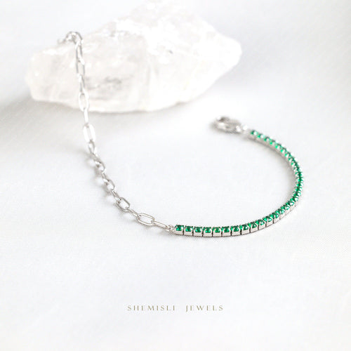 Tiny Paper Clip Chain and Emerald Gem Links Bracelet, Silver or Gold Plated (6.25" + 1.25") SHEMISLI - SB006