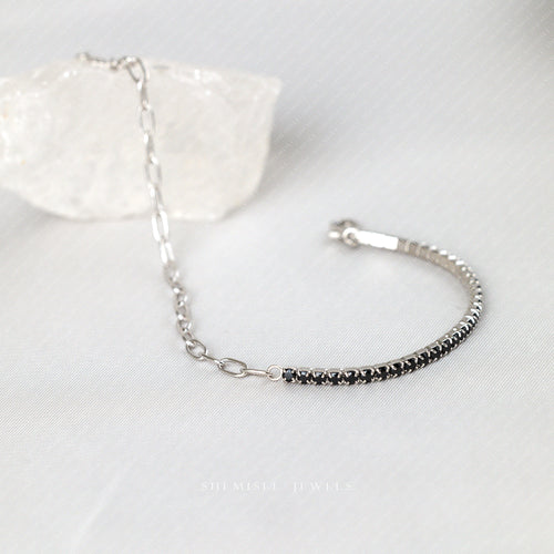 Tiny Paper clip Chain and Black Gem Links Bracelet, Silver or Gold Plated (6.25" + 1.25") SHEMISLI - SB007